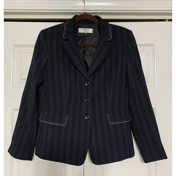 Tahari Arthur S Levine Blazer Jacket Sz 10P Black Striped W Turquoise Career - Picture 4 of 9